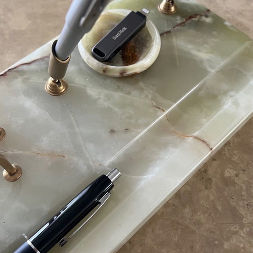 Alabaster desk organizer used in beige and green