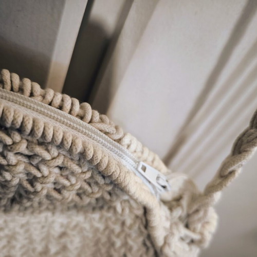 Round white macrame crossbody bag with cord, cotton