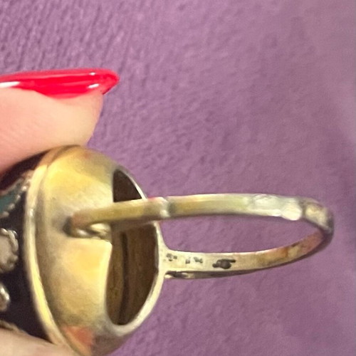 Vintage ring with enamel in brass, used, turquoise and blue