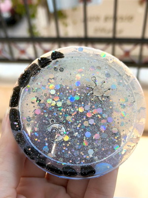 Glittery Sun & Moon Coaster with crystals like new, obsidian and opalites
