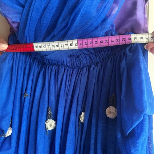 Vintage strapless dress 80s blue with fabric roses size 46 like new