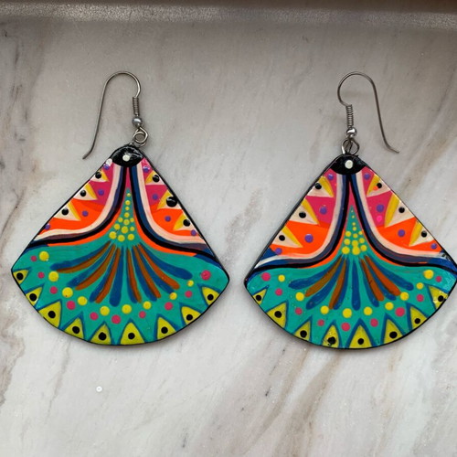 Wooden earrings hand-painted boho style, vintage 90s, new