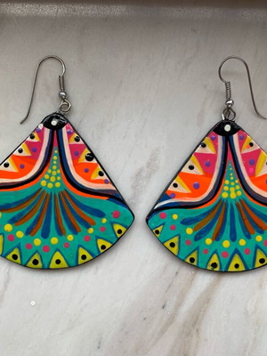 Wooden earrings hand-painted boho style, vintage 90s, new