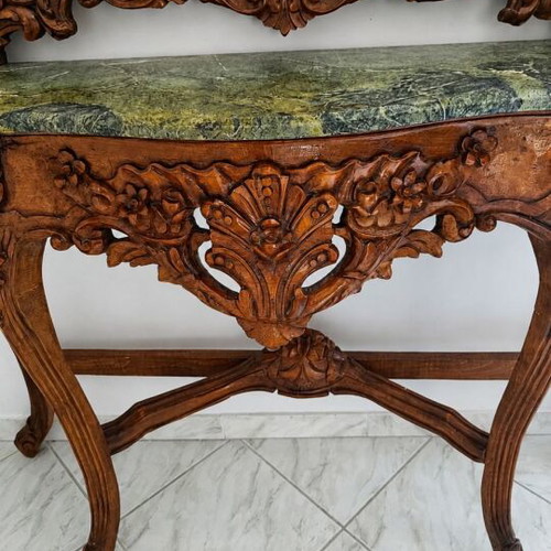 Antique Entry Console Table with Carved Wood and Mirror like new