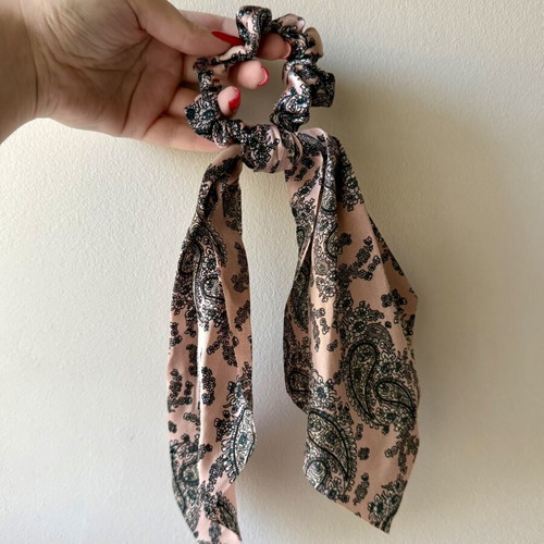 Handmade scrunchie hair tie with satin paisley ribbon new, pink multicolor
