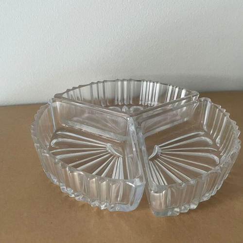 Vintage glass serving tray used with embossed fan design, 3 sections