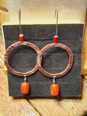 Handmade earrings new, hammered copper circle with semi-precious stones
