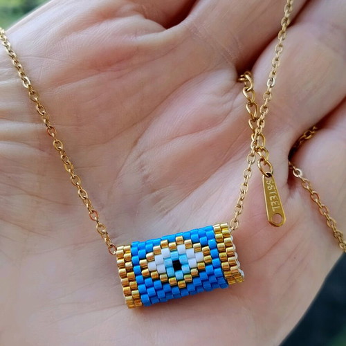 Handmade Miyuki evil eye necklace with gold-plated steel chain