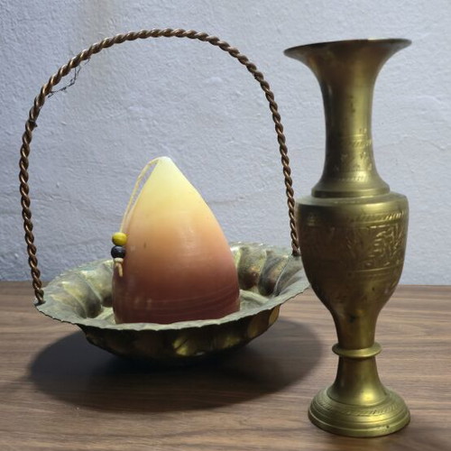 Carved Brass Vase and Decorative Basket Set like new