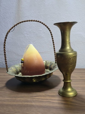 Carved Brass Vase and Decorative Basket Set like new