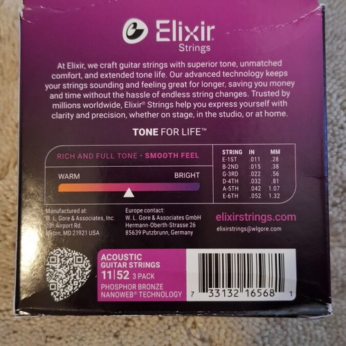 Elixir Nanoweb 80/20 Bronze Acoustic Guitar Strings 3-Pack, New