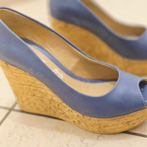 Elite platform wedge sandals, blue and beige, size 37, genuine leather