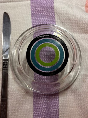 Pierre Cardin glass bowl like new with decorative black and petrol circles