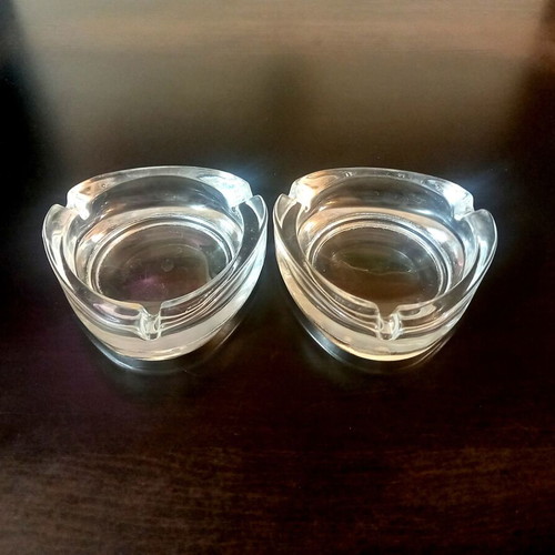 Glass ashtrays vintage set of 2 used, thick triangular design