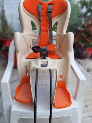 Child Bicycle Seat used, frame-mounted with adjustable footrests and safety belt