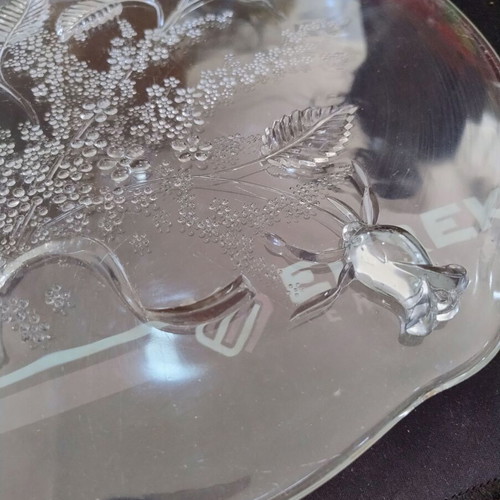 Glass snack platter used with embossed rose design, 31.5 cm diameter