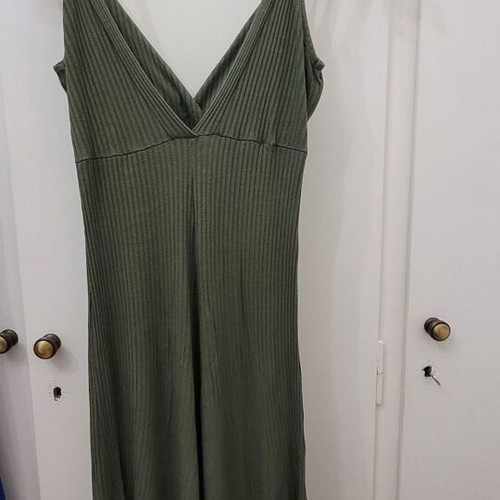 Olive green one-piece jumpsuit, cotton, elastic