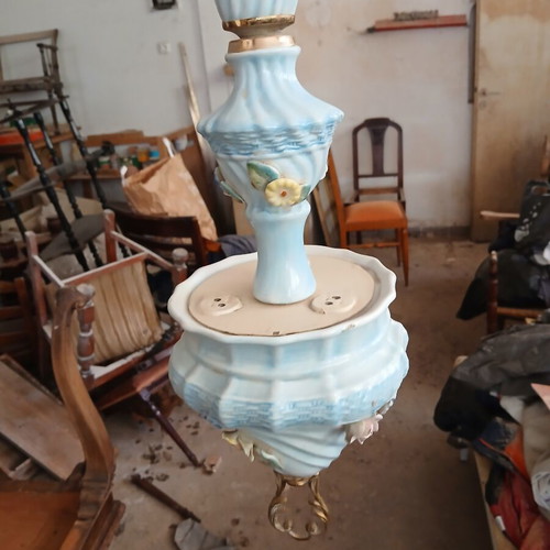 Vintage ceramic ceiling light used with blue color and embossed flowers