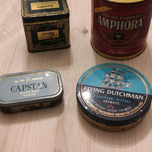 Vintage decorative tin tobacco boxes used, set of 4