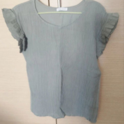 Short Sleeve Gofre Linen Blend Blouse One Size, New, Khaki