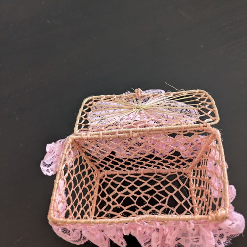 Vintage doll furniture set used, including Baboo chair, basket, lace box