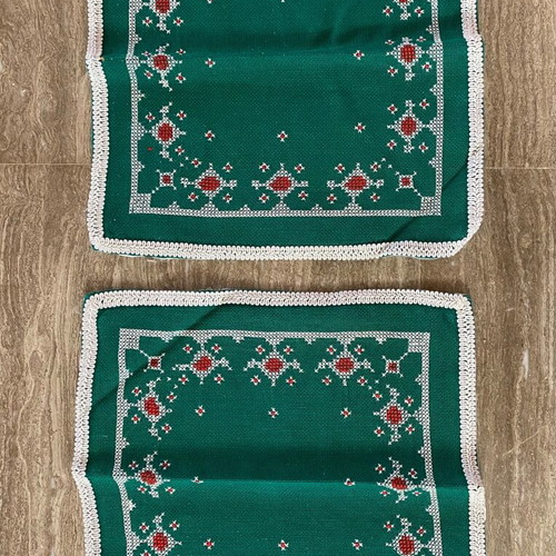 Vintage embroidery set used, green canvas square with three napkins