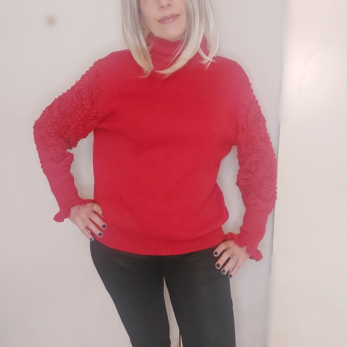 Women's red sweater new, size M with turtleneck and lace sleeves