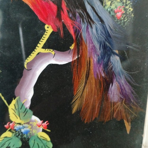 Set of vintage hand-painted art with natural feathers used