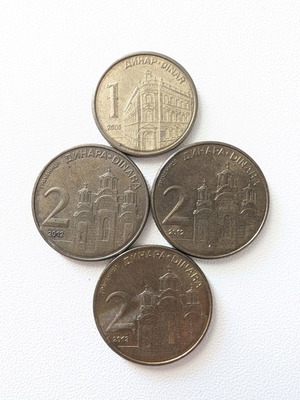 Serbian Dinar Coins used, set with 1 and 2 dinars