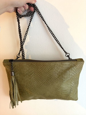 Italian leather shoulder bag clutch snake print khaki like new