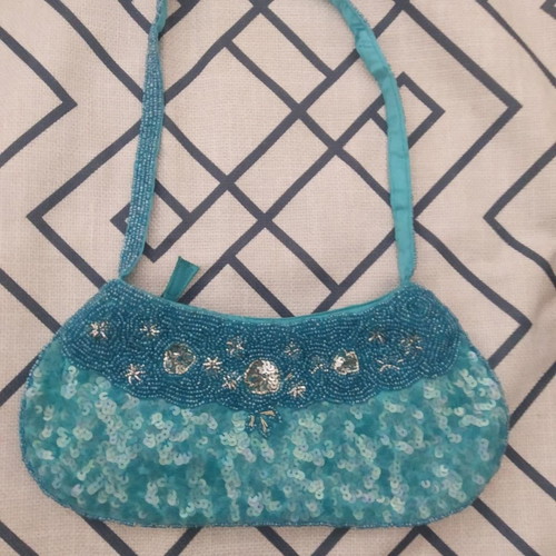 Satin evening shoulder bag new, sky blue with decorative beads