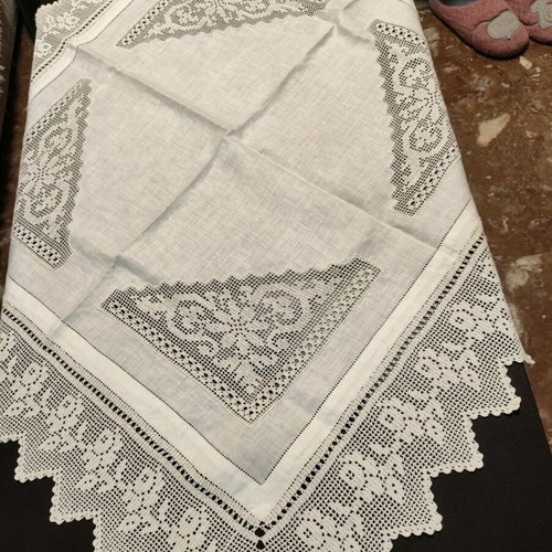 Handmade linen square new with crochet lace 100x100 cm