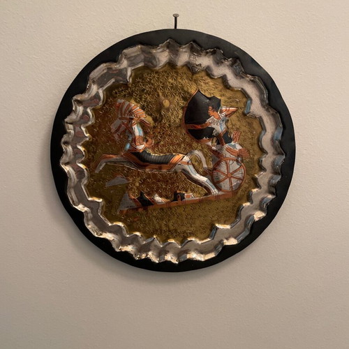 Decorative wall plate used, brass with Egyptian warrior