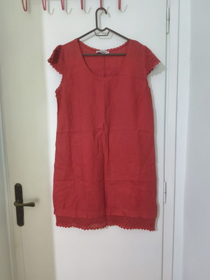 Linen dress coral with lace details like new, sizes L-XL