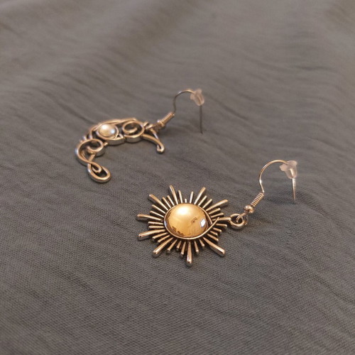 Asymmetric Sun and Moon Earrings like new, boho celestial style