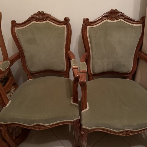 Louis XV vintage neoclassical furniture set like new, carved wood upholstery