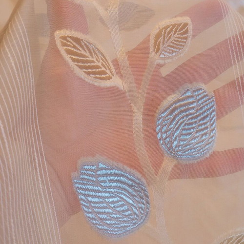 Vintage curtain used, ecru with blue and gold leaves