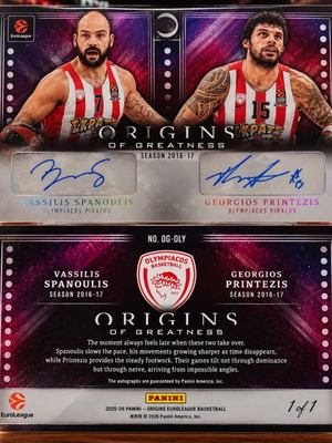 Panini Origins EuroLeague κάρτα μπάσκετ 1/1 με υπογραφές Σπανούλη και Πρίντεζη