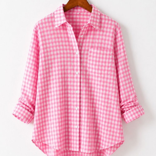Women Pink Gingham Button-Up Cotton Shirt XL