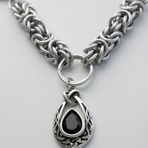 Steel Chainmail Necklace with Black Onyx Adjustable 40-50 cm