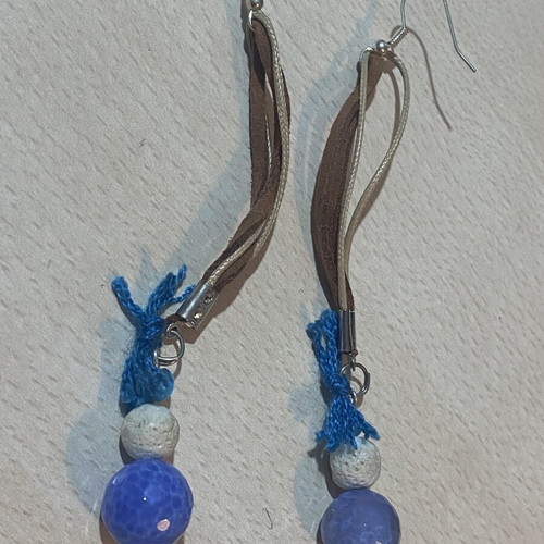 Women's earrings with semiprecious stones agate and pumice, new, blue and brown