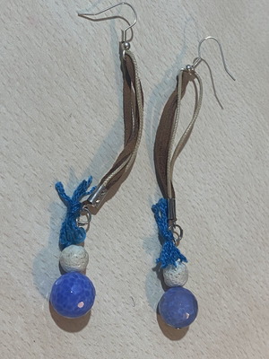 Women's earrings with semiprecious stones agate and pumice, new, blue and brown