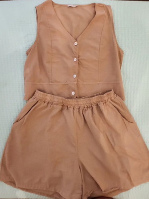New Collection cotton co-ord set used, vest and shorts, beige