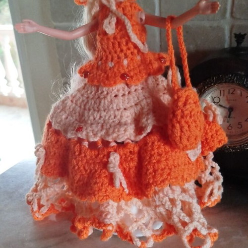 Doll with handmade dress, hat and bag new