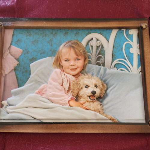 3D Embossed Vintage Picture of Child and Maltipoo Dog, New