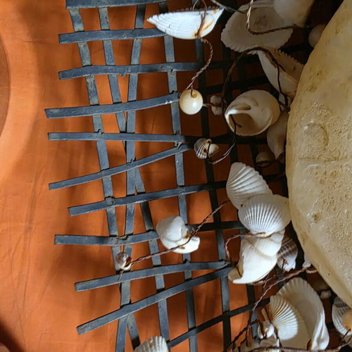 Decorative metal tray like new with shells and candle 38.5x37 cm
