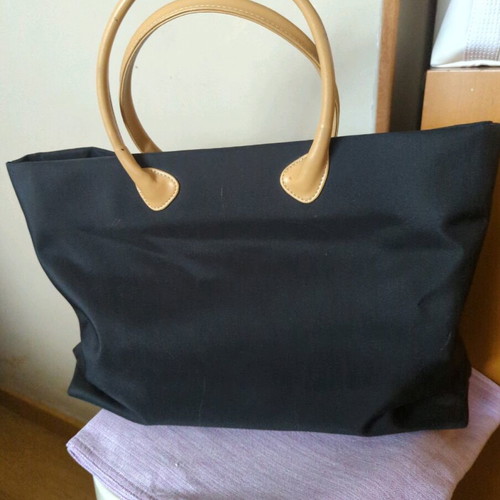 Fabric shoulder bag used, black with beige handles