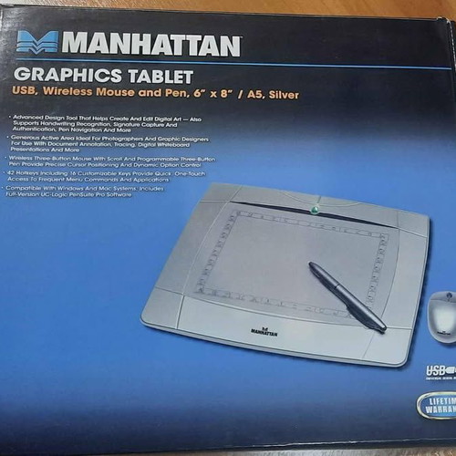 Manhattan graphics tablet like new, 6"×8", USB wireless mouse and pen