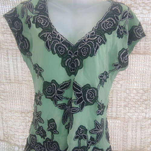 Marcelane Silk Shell Embellished Floral Blouse Green XL Like New