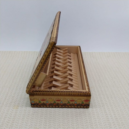Wooden cigarette box, vintage Bulgarian pyrography and painted